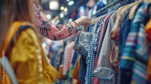 Fototapeta A woman is shopping for clothes in a store. She is looking at a rack of clothes and picking out a shirt