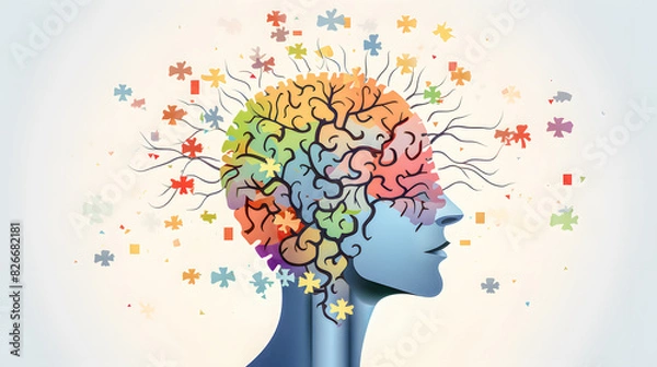 Fototapeta Creative Brainstorming Abstract Representation of a Human Head with Colorful Blocks and Splashes Symbolizing Innovative Thinking and Cognitive Processes Wallpaper Digital Art Poster Brainstorming Map 