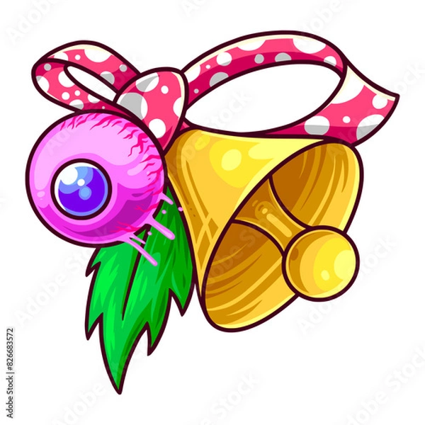 Fototapeta golden ringing bell with red eye and polka ribbon