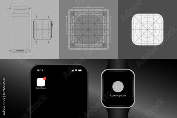 Fototapeta Wireframe of a phone and a smartwatch. Templates and design grid for app icons.