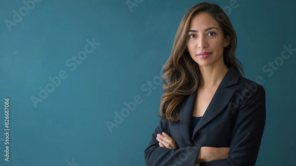 Obraz  Portrait of a confident business woman in a black suit with her arms crossed looking at the camera on a blue background, a female leader or professional manager standing over isolated background