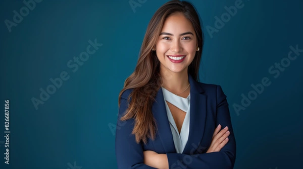 Obraz  Portrait of smiling business woman in blue suit standing with arms crossed on dark background, confident female executive looking at camera isolated over deep sea color background