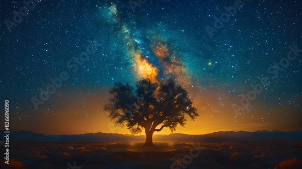 Fototapeta Star-Filled Night Sky Above a Joshua Tree in a Stunning Desert Scene