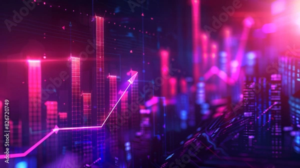 Fototapeta Digital financial chart with glowing uptrend line and bar graph on a futuristic background