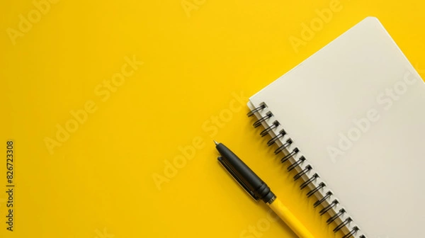Fototapeta Flat lay of a white spiral notebook and black pen on a vivid yellow background