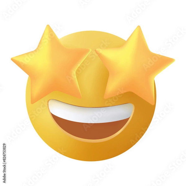 Fototapeta Starry eyed emoji. Love, excited emoji. Golden stars for eyes excited emoticon with open smile 3D stylized vector icon. Avatar kawaii style.