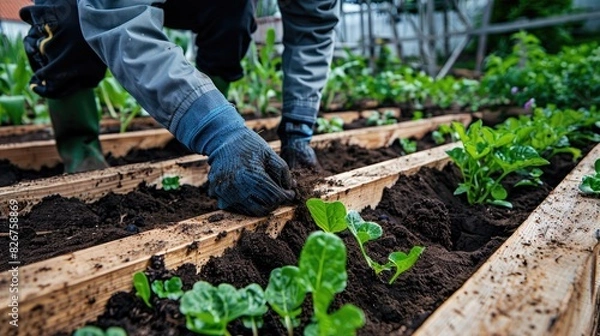 Fototapeta the farmer plants seedlings on the plot. Selective focus