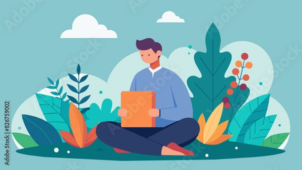 Fototapeta A peaceful scene of a pastor sitting in a serene garden notebook and Bible in hand as they seek inspiration for their sermon amidst nature.. Vector illustration