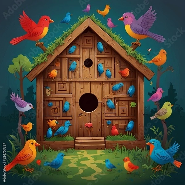 Obraz colorful maze game featuring various bird characters.