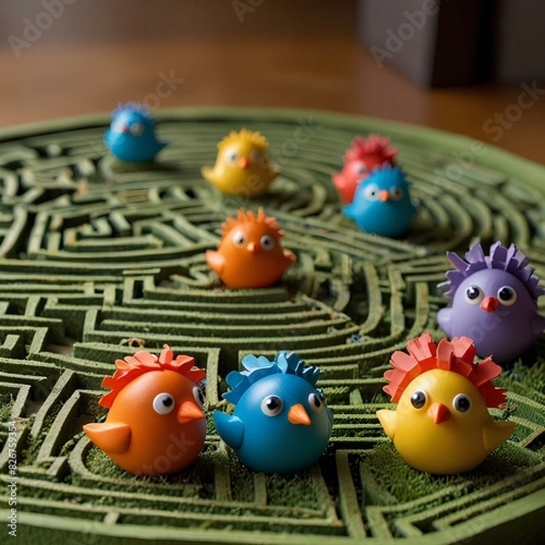 Obraz colorful maze game featuring various bird characters.