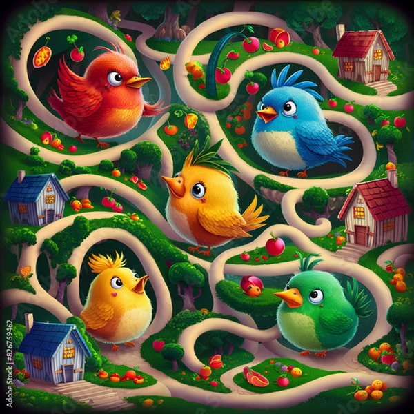 Obraz colorful maze game featuring various bird characters.