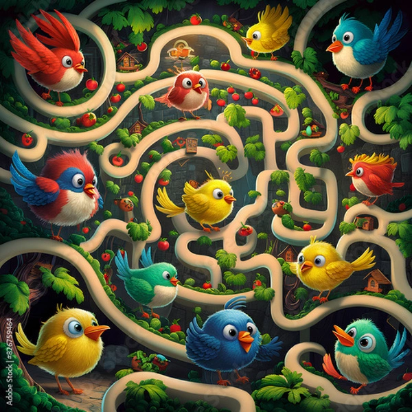 Obraz colorful maze game featuring various bird characters.