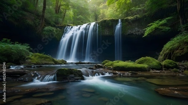 Fototapeta Accept the Calm of Nature: Secret Waterfalls, Quiet Streams, and Quiet Forest Retreats; Winding Rivers, Secret Waterfalls, and Untouched Forests