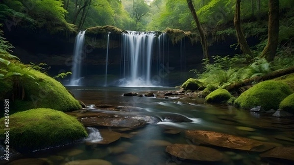Fototapeta Accept the Calm of Nature: Secret Waterfalls, Quiet Streams, and Quiet Forest Retreats; Winding Rivers, Secret Waterfalls, and Untouched Forests