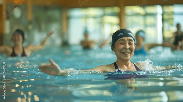Fototapeta プールで運動しているシニア女性