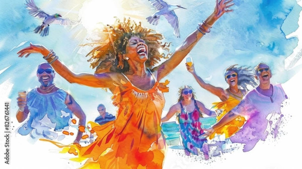 Fototapeta A joyful group of friends with drinks in hand celebrate under the midday sun on a vibrant summer beach with seagulls flying overhead
