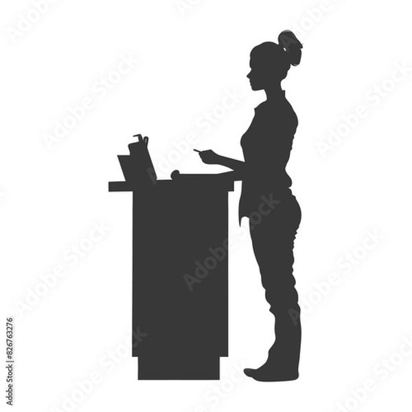 Fototapeta Silhouette receptionist in action full body black color only