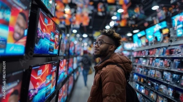 Fototapeta A shopper contemplates a selection of televisions in a brightly-lit electronics store aisle