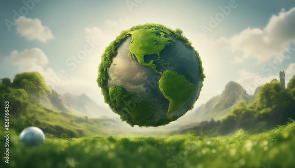 Obraz Earth Day Scene with Lush Green Landscape and Environmental Icons