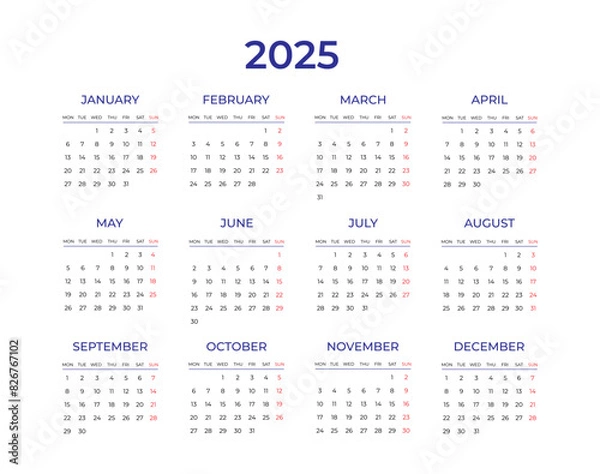 Fototapeta Calendar 2025 template. Week starts from Monday. Planner, stationery, printing. Business calendar in a minimalist style. Vector illustration