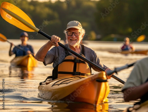 Obraz Senior man enjoying a sunny day of kayaking with friends on the lake, showcasing adventure, leisure, and an active lifestyle for all ages in a beautiful outdoor setting.