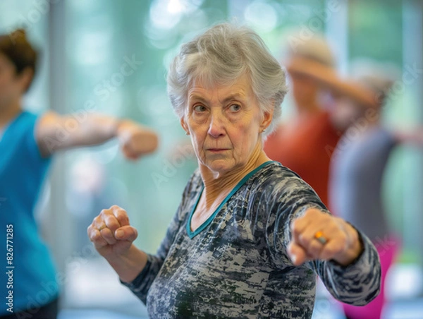 Obraz Senior woman practicing martial arts in a fitness class, showing strength, focus, and determination; perfect concept for promoting active aging, wellness, and community fitness programs.