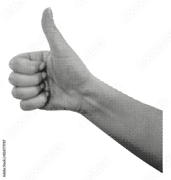 Fototapeta like gesture hand thumb up isolated retro halftone grunge dotted texture cutout collage element