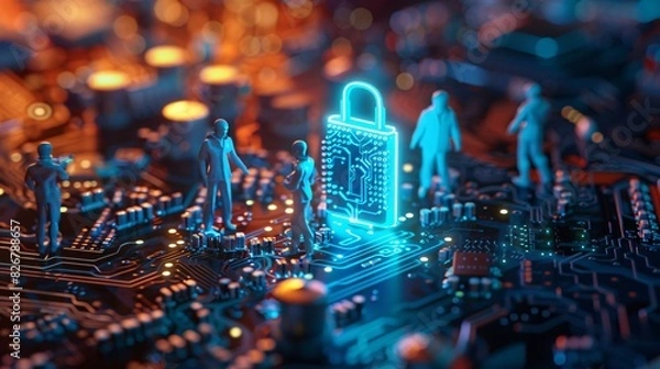 Fototapeta Cybersecurity in the Digital Age: Miniature Workers Securing a Digital Padlock on a Circuit Board, Symbolizing Modern Data Protection and Technology Security - Generative AI