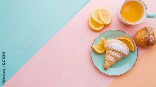 Fototapeta A plate of croissants and an apple sits on a table with a cup of coffee