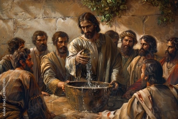 Obraz Miracle of Jesus Christ turning water into wine: a transformative event at Cana, demonstrating Christ's divinity and his ability to bring joy and abundance through divine intervention