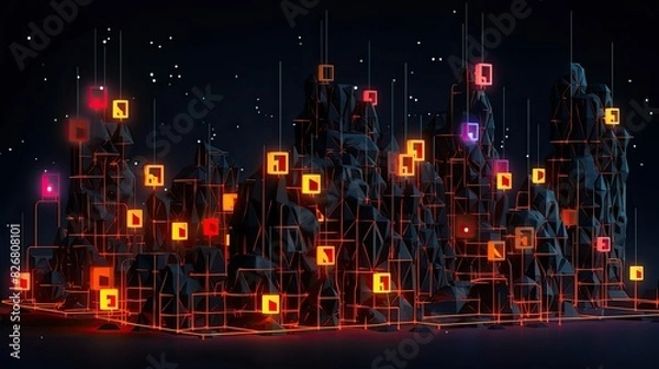 Fototapeta Glowing blockchain network on dark backdrop