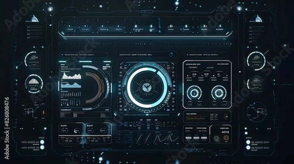 Fototapeta Holographic tech dashboard on dark backdrop