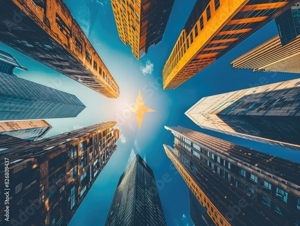 Fototapeta The bottom of view a six high rise buildings with blue sky background.