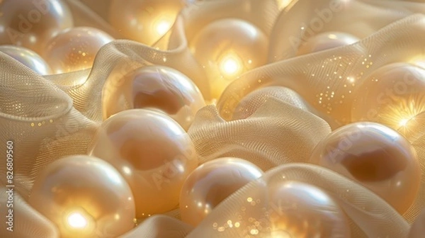 Fototapeta Luminous pearls embedded in gold color silk satin luxurious fabric