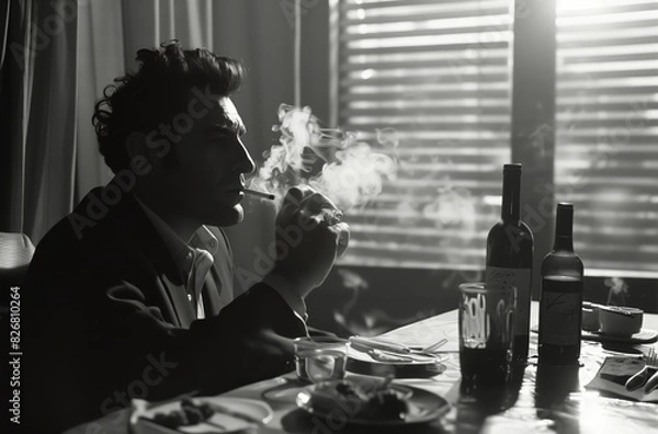 Obraz Realistic indoor black-and-white 1950s photograph of an intense-looking Italian film director seen in profile, sitting at a table and smoking. From the series �Art Film - Black and White.�