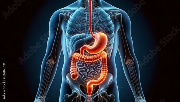Fototapeta A detailed 3D rendering of the human digestive system, highlighting the stomach and intestines with a focus on dyspepsia.