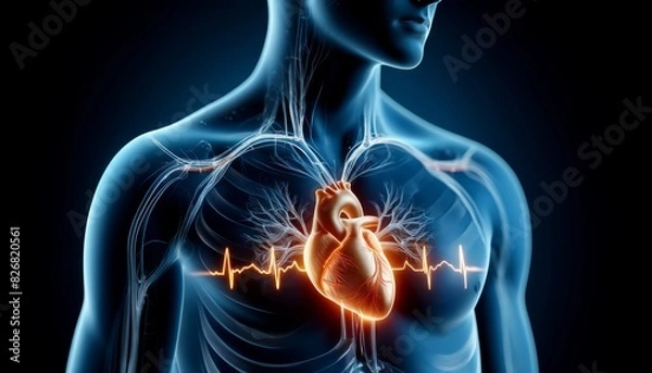 Fototapeta A detailed 3D rendering of the human heart and circulatory system, with an electrocardiogram heartbeat displayed.