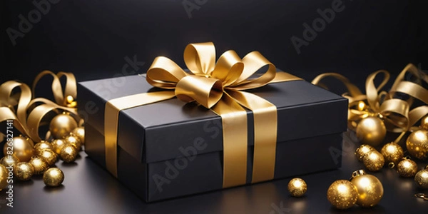Fototapeta A black gift box with a gold ribbon, surrounded by golden baubles on a dark background, conveys luxury and celebration