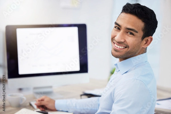 Fototapeta Businessman, portrait and advisor by computer in office, finance graphs and employee for budget. Male person, projection and online for feedback, project management and accountant for networking