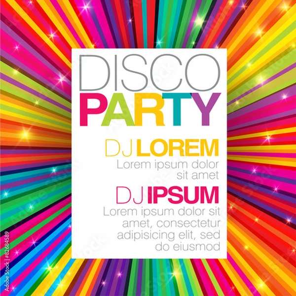 Obraz Disco poster or flyer design vector template on colorful rays ba