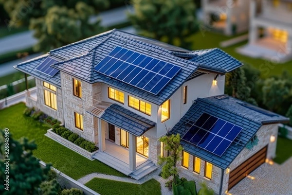 Fototapeta top view of model home with solar panels 