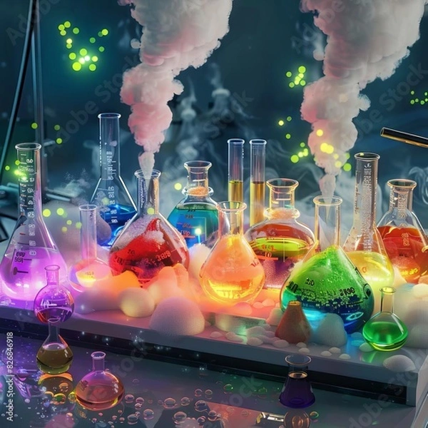 Fototapeta Colorful chemistry lab with vibrant liquids in various glass beakers and flasks emitting smoke, creating a magical scientific atmosphere.