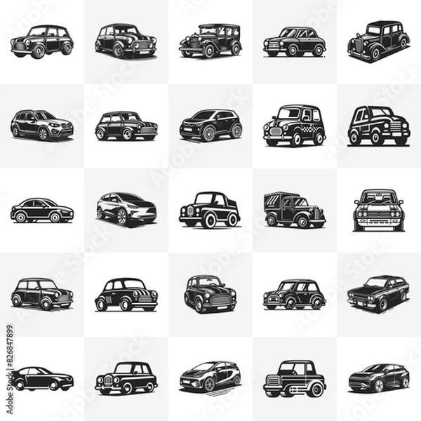 Fototapeta Car Mega Bundle vector illustratrion. Black and White Car silhouette set.