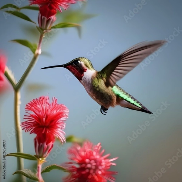 Fototapeta Close up of a hummingbird hovering near a red flower3