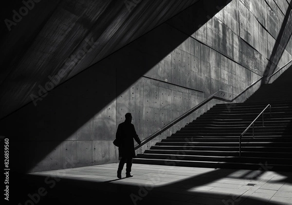 Fototapeta A solitary man walks up a shadowed concrete staircase in a minimalist, modern architectural setting.

