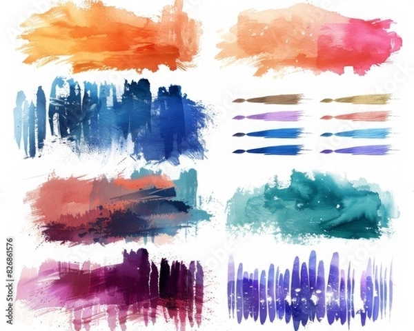 Fototapeta A collection of vibrant watercolor brush strokes in various colors and styles, perfect for background, banner, or artistic designs.