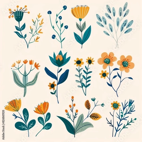 Obraz Hand-Drawn Botanical Illustrations Set with Colorful Flowers and Leaves
