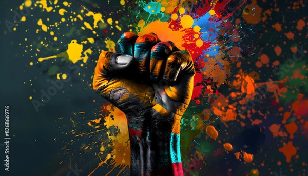Fototapeta Powerful fist raised in celebration of Juneteenth with vivid paint splash in Pan African colors.