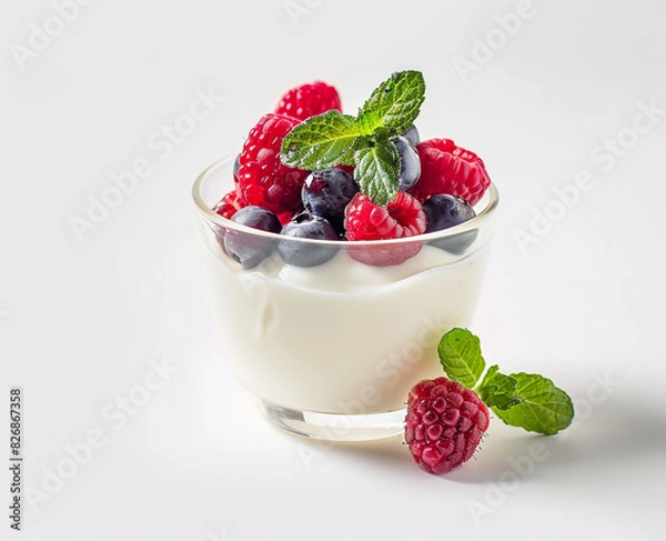 Obraz a glass of yogurt with berries, raspberries and mint in a white background