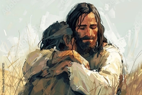 Fototapeta Illustrate a touching cartoon scene portraying Jesus tenderly embracing a leper with expressions of mutual respect and kindness. Using pastel colors and gentle lines, convey a sense of comfort 